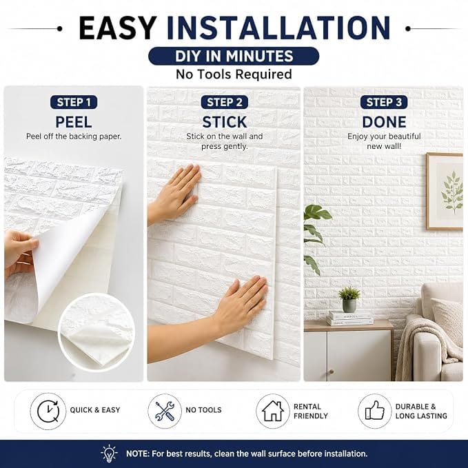 3D White Brick Wall Stickers Pic 2 | Self-Adhesive Waterproof Home Decor | Peel & Stick