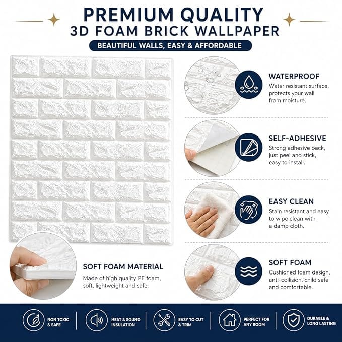 3D White Brick Wall Stickers Pic 2 | Self-Adhesive Waterproof Home Decor | Peel & Stick